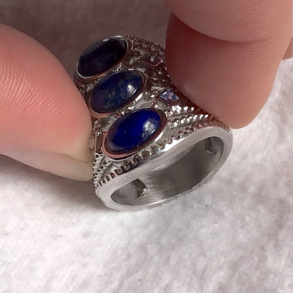Lapis Lazuli 3 Stone Ring With Blue Austrian Crystal in Stainless Steel - Picture 3 of 6